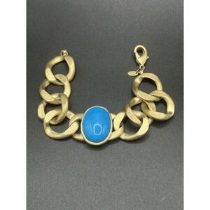 Rivka Freidman Chunky Turquoise Center Stone Link Bracelet Gold Tone